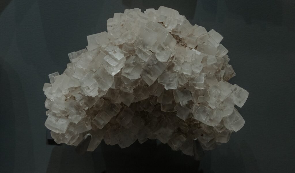 A cluster of salt crystals in focus.